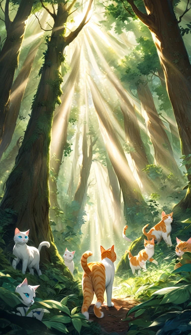 Milk, the white cat with blue eyes, and Taffy, the ginger tabby cat with golden eyes, are sneaking through a dense forest. The forest is filled with tall, ancient trees and thick underbrush. They look determined and cautious. The scene is filled with deep greens and browns, with rays of sunlight piercing through the canopy, adding a sense of mystery and adventure.