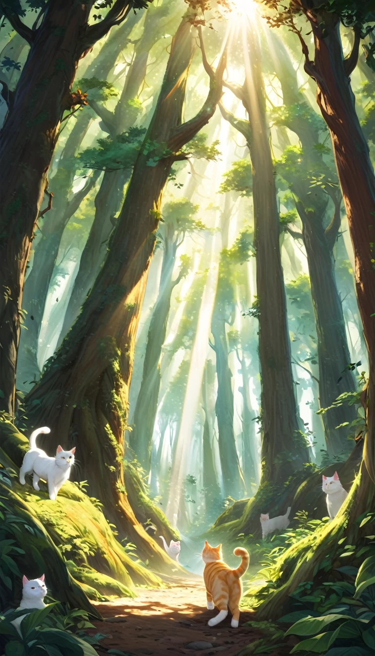 Milk, the white cat with blue eyes, and Taffy, the ginger tabby cat with golden eyes, are sneaking through a dense forest. The forest is filled with tall, ancient trees and thick underbrush. They look determined and cautious. The scene is filled with deep greens and browns, with rays of sunlight piercing through the canopy, adding a sense of mystery and adventure.