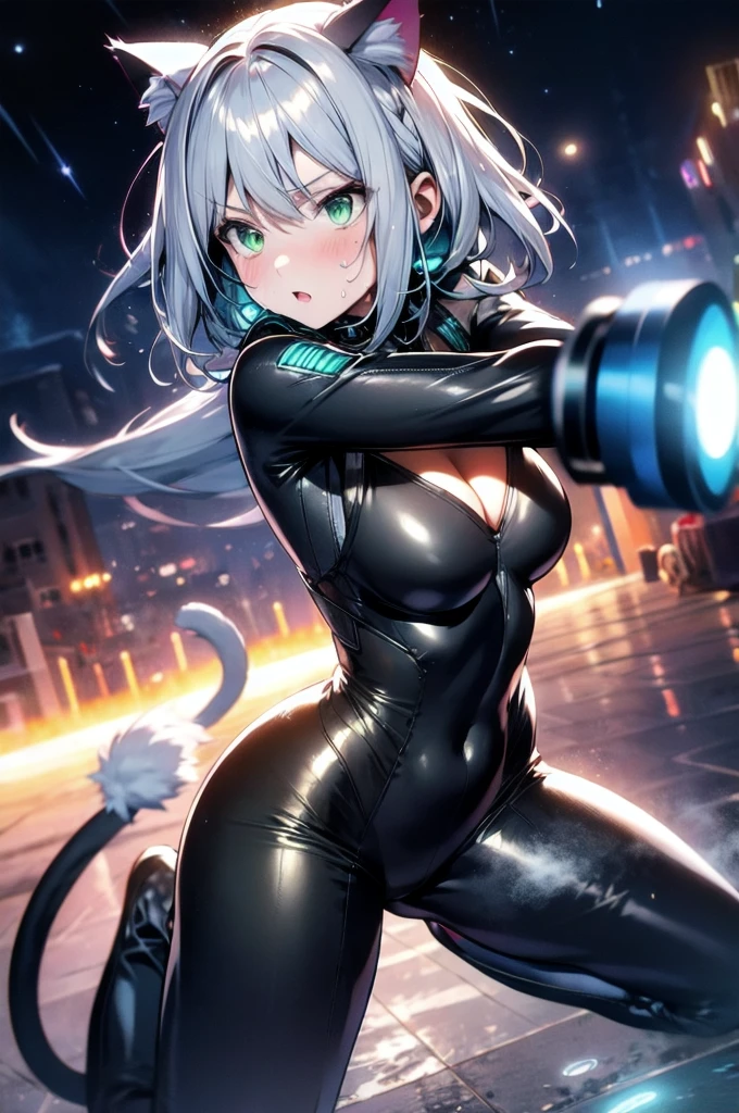 A silver-haired beautiful girl with cat ears eyes are green hair is silver and long clothes: a form-fitting black combat suit The fist is an afterimage The background is a city at night her is in a cat-like fighting pose The year is 14 years monitor, Dark Night, Sweat, Steam of Exhalation, Space, Battle, Dynamic Angle　one girl