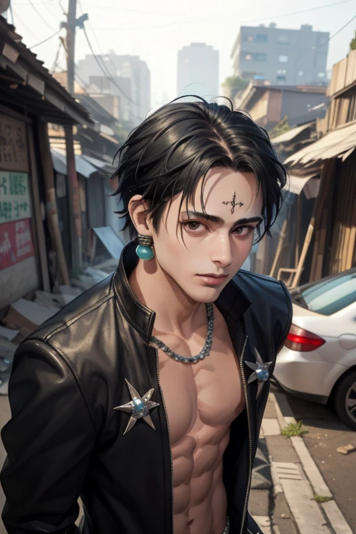 (masterpiece, Highest quality, High resolution, Very detailed), 1 person, Male Focus, Spiky black hair, Dark Eyes, good looking, Detailed eyes and face, Male body, Eyebrows only on the inner corners of the eyes, green stone earrings, Unbuttoned long black coat, pants, Chain Necklaces, urban slum background, Akira Amano, All tied up in chains,