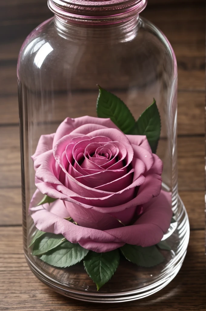 enchanted pink rose from 'Beauty and the beast' story, covered under a glass jar, with the withering petals inside the jar