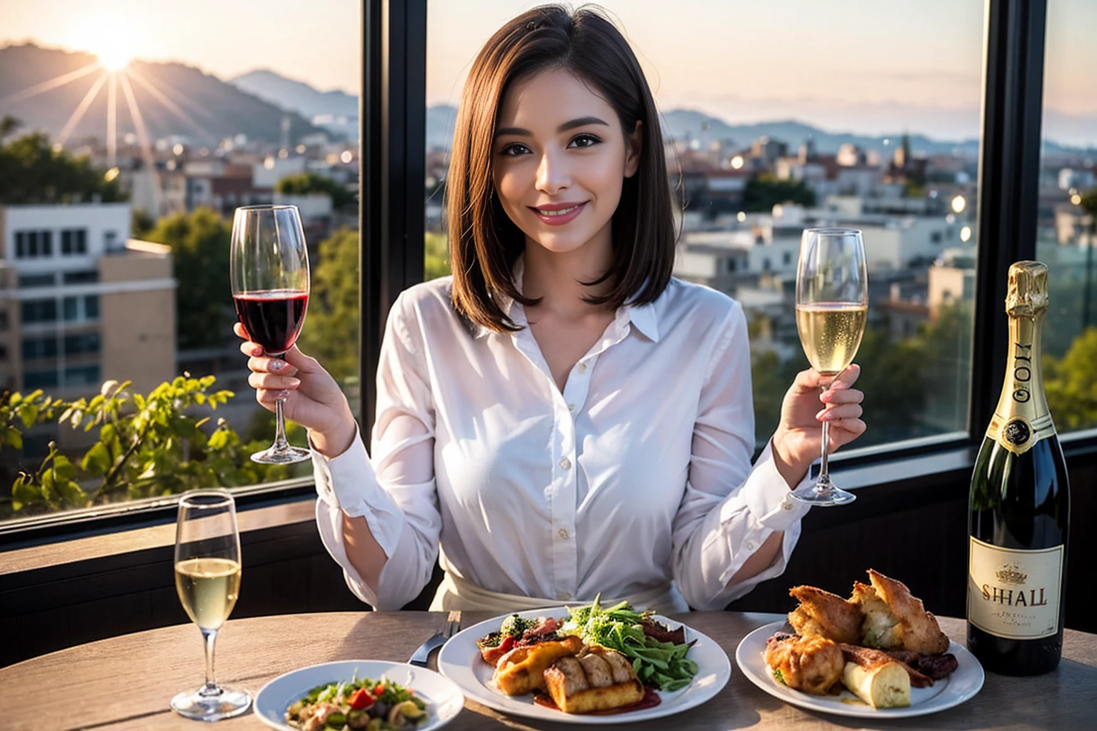 ((Highest quality、8k、masterpiece:1.3))、1 male、1 female、spouse、Beautiful couple、smile、full-course dinner、 (Slim face), (the body is スリム), (Brown Hair), (Shortcuts), ((Bob Hale、Straight hair:1.2)), テーブルの上のwine glass、Put the light on your face、 Amazing view of the sunset sky and clouds、smileの美しさ、Bright image、blush, Shortcuts, (Age 35), 39 years old, Appetizers、Italian food、Wine bottle、Champagne、sparkling wine、Long sleeve shirt、dress、Attractive beauty、restaurant, Nova Frog Style, actress, model, Upper Body, White wine, red wine, wine glass,