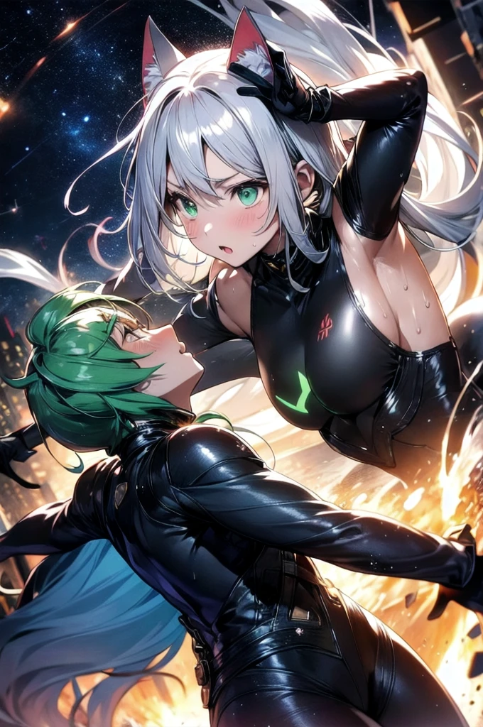 A silver-haired beautiful girl with cat ears eyes are green hair is silver and long clothes: a form-fitting black combat suit The fist is an afterimage The background is a city at night her is in a cat-like fighting pose The year is 14 years monitor, Dark Night, Sweat, Steam of Exhalation, Space, Battle, Dynamic Angle one girl