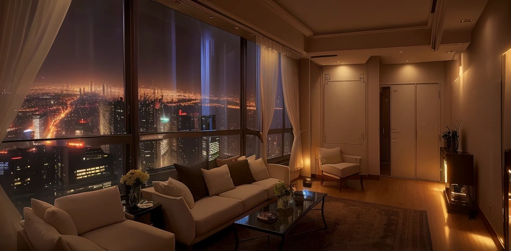 Panoramic view of the living room，Large windows overlooking the city, Relaxation time. Nice scenery, Luxurious environment, Comfortable place, Comfortable atmosphere, Luxury Apartment, bladerunner apartment, Cyberpunk bedroom at night, comfortable environment, Comfortable room, comfortable environment, Comfortable atmosphere, rooftop romantic, City Apartments, Comfortable and calm, Beautiful view, Epic views, beautiful scenery