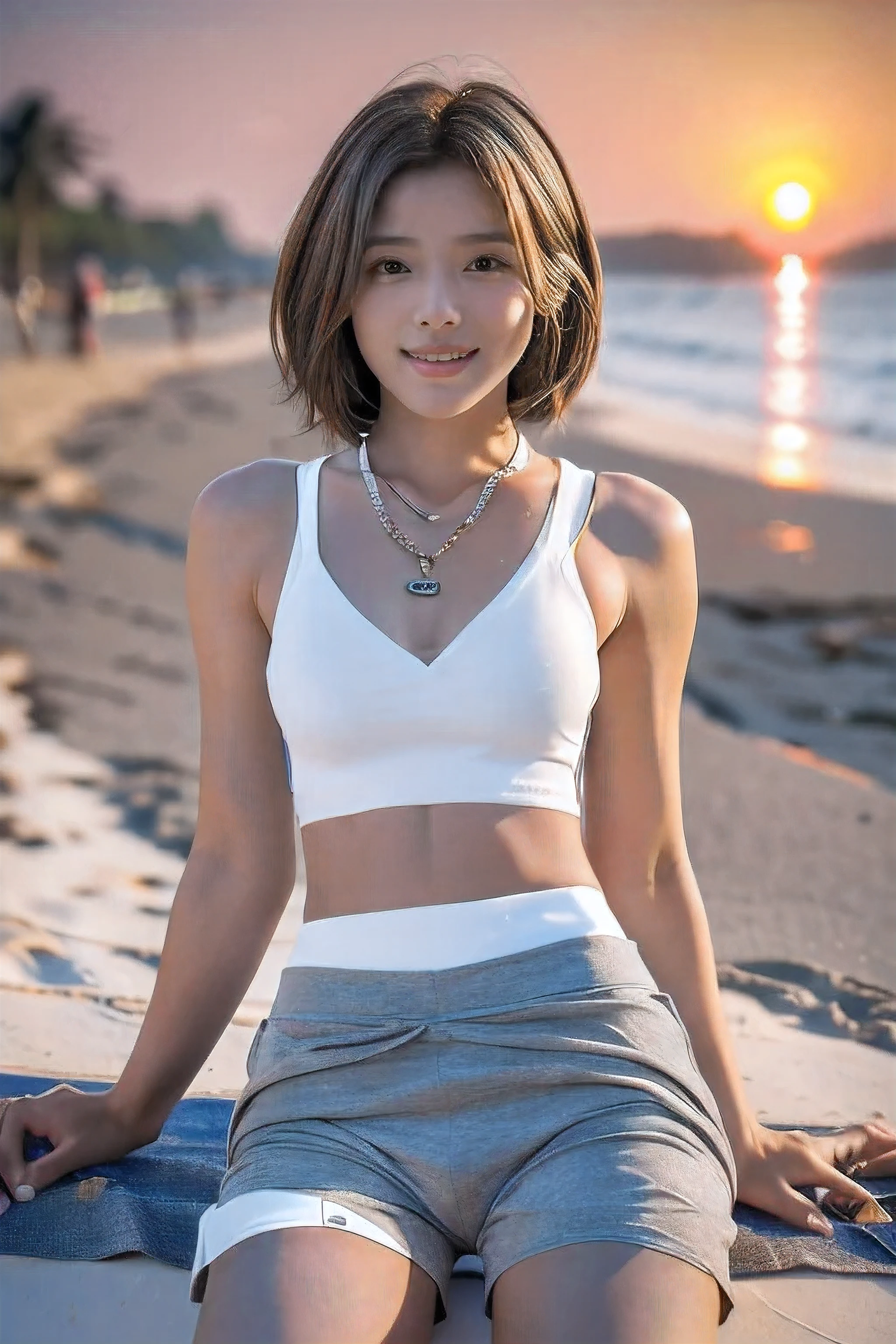 (Sitting on the beach watching the sunset:1.5)、(A kind smile:1.5)、(18-year-old female:1.5)、(The best quality at its best:1.4), (Super detailed), (Very detailed CG unified 16k), Beautiful woman with perfect figure: 1.4, Sharp focus: 1.2, Very detailed, High-quality RAW color photos, Professional photography, Great face and eyes, cosmetics, (Amazingly beautiful girl), ((Grey shorts and a white tank top:1.5)), Realistic movie faces, Full body long view from head to toe, Realistic, ((Realistic natural orange red hairstyle)), ( Short Bob Hair:1.5), (necklace:1.5)、, Very beautiful face, Perfect model beauty, Mouth swelling, Highly detailed face and skin texture, Fine grain, double eyelid, Medium chest, (masterpiece), Highest quality, High resolution, Very detailed, Blurred Background, Depth of written boundary, Cinema Lighting, Great legs, , Clear, well-maintained skin,((Full body shot from head to toe:1.5))