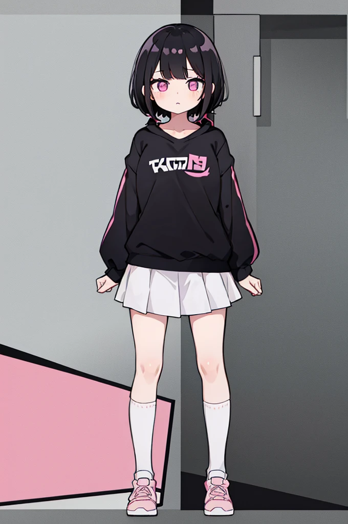 1girl, anime girl, , black hair, short hair, short twintail, pink eyes, casual outfit, white outfit, short skirt, shoes, white sock, long sock, full body, blank background
