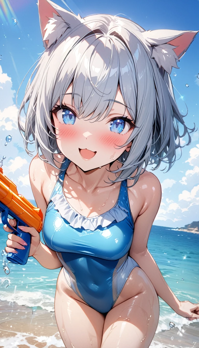 (((best quality)), ((masterpiece)), (details), masterpiece, best quality, high quality, ulutra detailed, perfect face, ((1girl, blue eyes, cat ears: 1.3 silver bob hair: 2.5,)) 、Shiny Hair、Glowing Skin、blush、Lustful look、coastal、Water Play、holding water pistol、Splash、smile、blue sky、A big rainbow shines、One-piece swimsuit with frills、