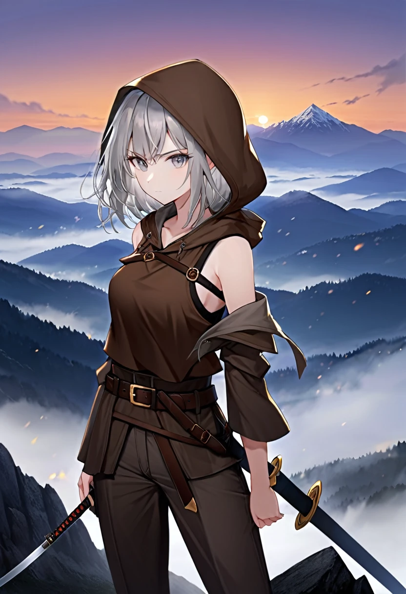 1 girl, small stature, long grey hair, grey eyes, hood, brown cloak, belt, short pants, sword holstered, sword on strap, sword katana, sheathed, shoulder strap, solo, closed mouth, calm face, evening, against the backdrop of high mountains with fog, dark, top view, looking at viewer, alert posture.