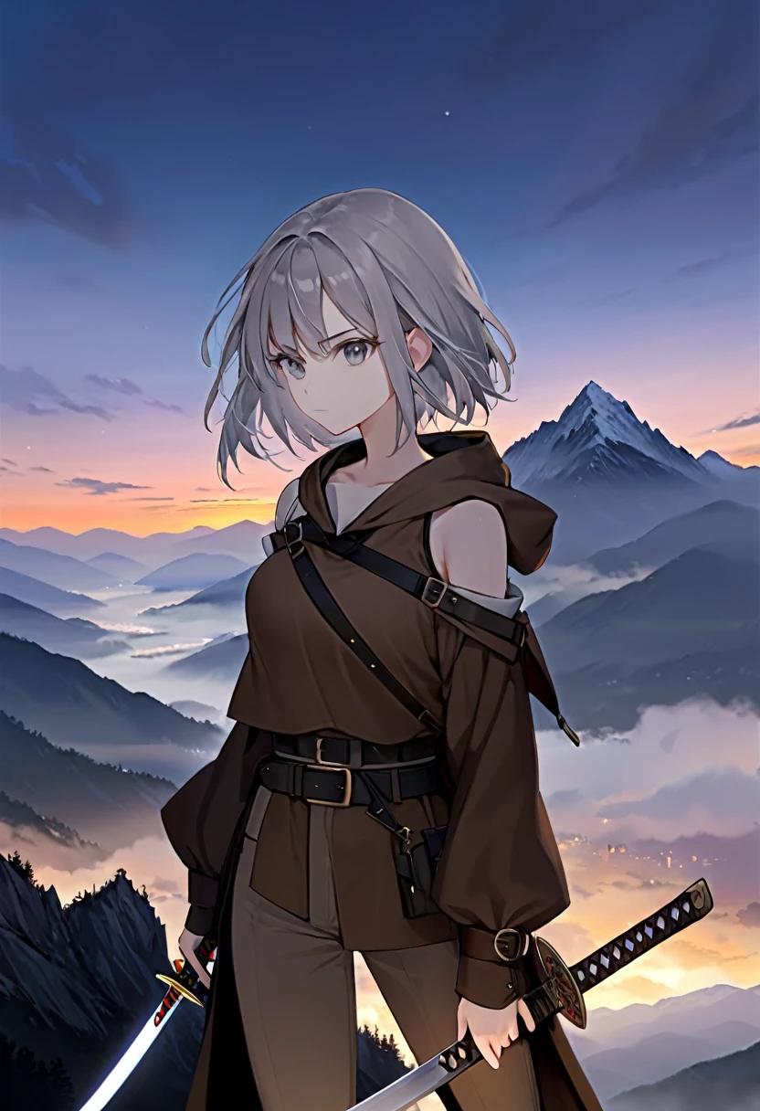 1 girl, small stature, long grey hair, grey eyes, hood, brown cloak, belt, short pants, sword holstered, sword on strap, sword katana, sheathed, shoulder strap, solo, closed mouth, calm face, evening, against the backdrop of high mountains with fog, dark, top view, looking at viewer, alert posture.