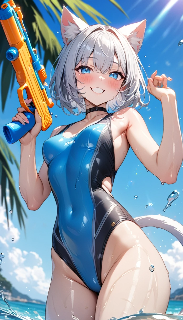 (((best quality)), ((masterpiece)), (details), masterpiece, best quality, high quality, ulutra detailed, perfect face, ((1girl, blue eyes, cat ears: 1.3 silver bob hair: 2.5,)) 、Shiny Hair、Glowing Skin、blush、ful look、coastal、Water Play、holding water pistol、Splash、smile、blue sky、A big rainbow shines、One-piece swimsuit with frills、