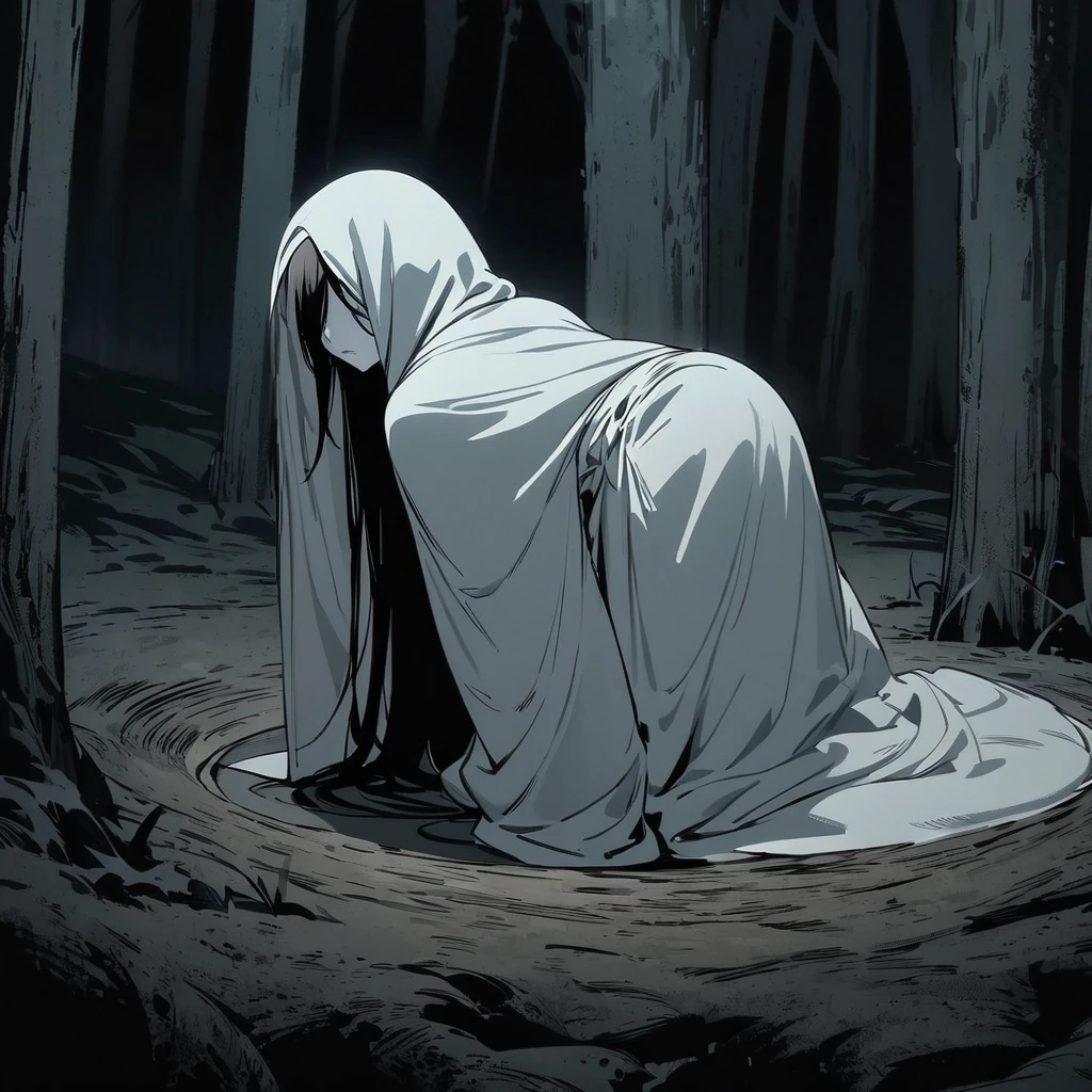 Top quality, masterpiece, horror style, woman, long black hair that covers her eyes, long white dress, pale skin, eerie forest, woman crawling out of a well, dark night,movie film style,