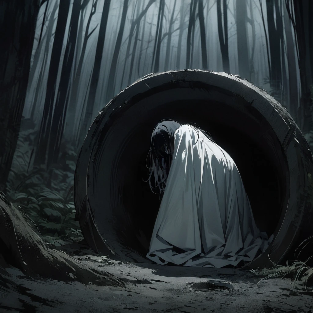Top quality, masterpiece, horror style, woman, long black hair that covers her eyes, long white dress, pale skin, eerie forest, woman crawling out of a well, dark night,movie film style,