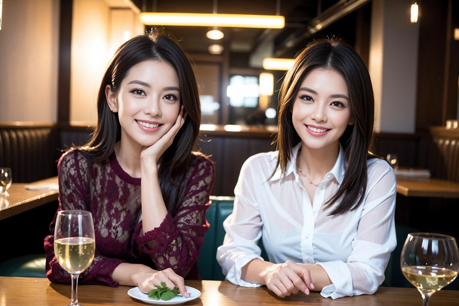 ((Highest quality、8k、masterpiece:1.3))、1 male、1 female、spouse、Beautiful couple、smile、full-course dinner、 (Slim face), (the body is スリム), (Brown Hair), (Shortcuts), ((Bob Hale、Straight hair:1.2)), テーブルの上のwine glass、Put the light on your face、 Amazing view of the sunset sky and clouds、smileの美しさ、Bright image、blush, Shortcuts, (Age 35), 39 years old, Appetizers、Italian food、Wine bottle、Champagne、sparkling wine、Long sleeve shirt、dress、Attractive beauty、restaurant, Nova Frog Style, actress, model, Upper Body, White wine, red wine, wine glass,