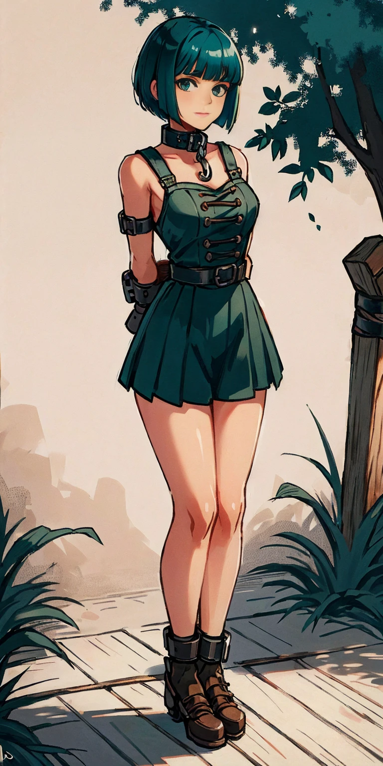(Masterpiece, best quality, intricate details, 1sologirl) iron collar, arms behind back, iron cuffs, shackles, bound ((standing by wooden pole:1.2)) looking from above happy closed mouth, green short bob haircut