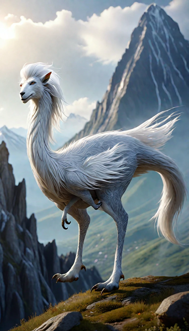 There is a creature on the mountain,human face,White hair,three legs(best quality,4K,8k,High level,masterpiece:1.2),Ultra Detailed,(lifelike,Photo real,Photo real:1.37),Highly detailed animals,Complex patterns,Realistic lighting,Fantasy Creatures