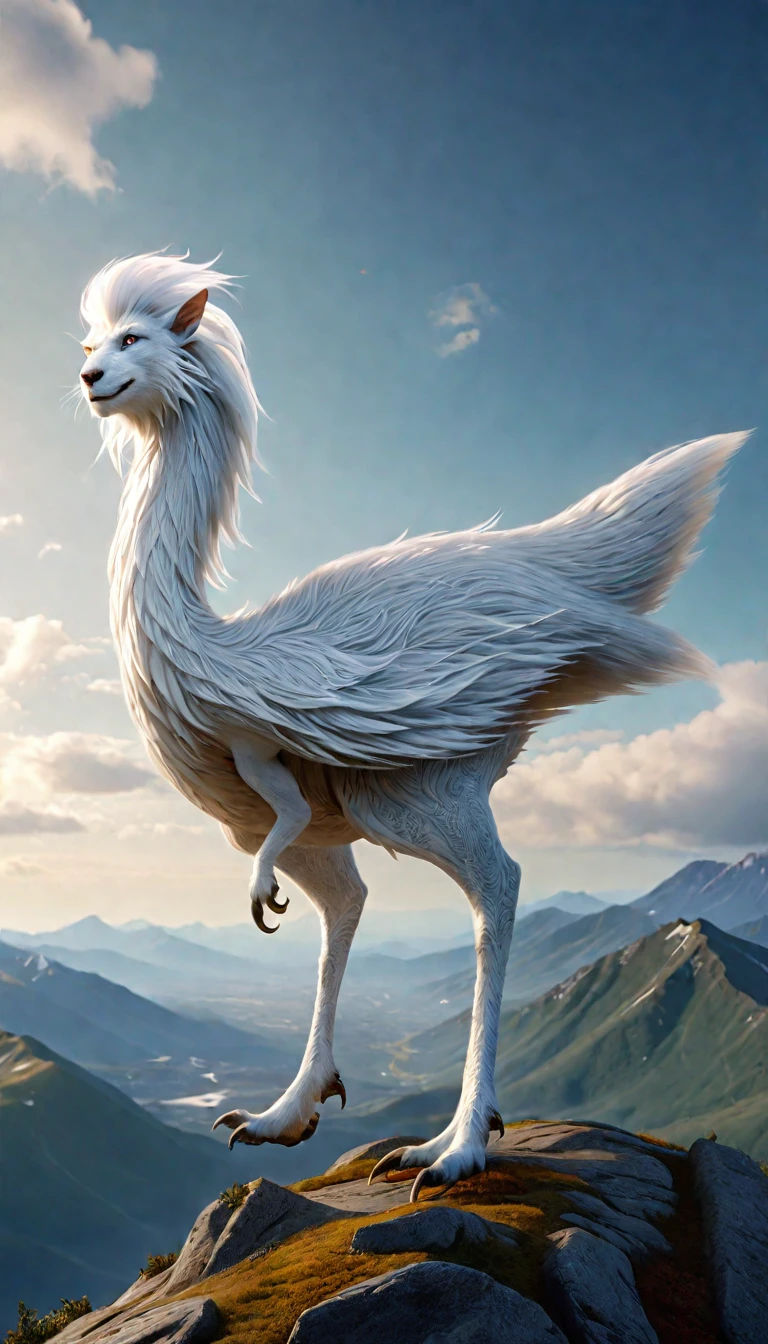 There is a creature on the mountain,human face,White hair,three legs(best quality,4K,8k,High level,masterpiece:1.2),Ultra Detailed,(lifelike,Photo real,Photo real:1.37),Highly detailed animals,Complex patterns,Realistic lighting,Fantasy Creatures