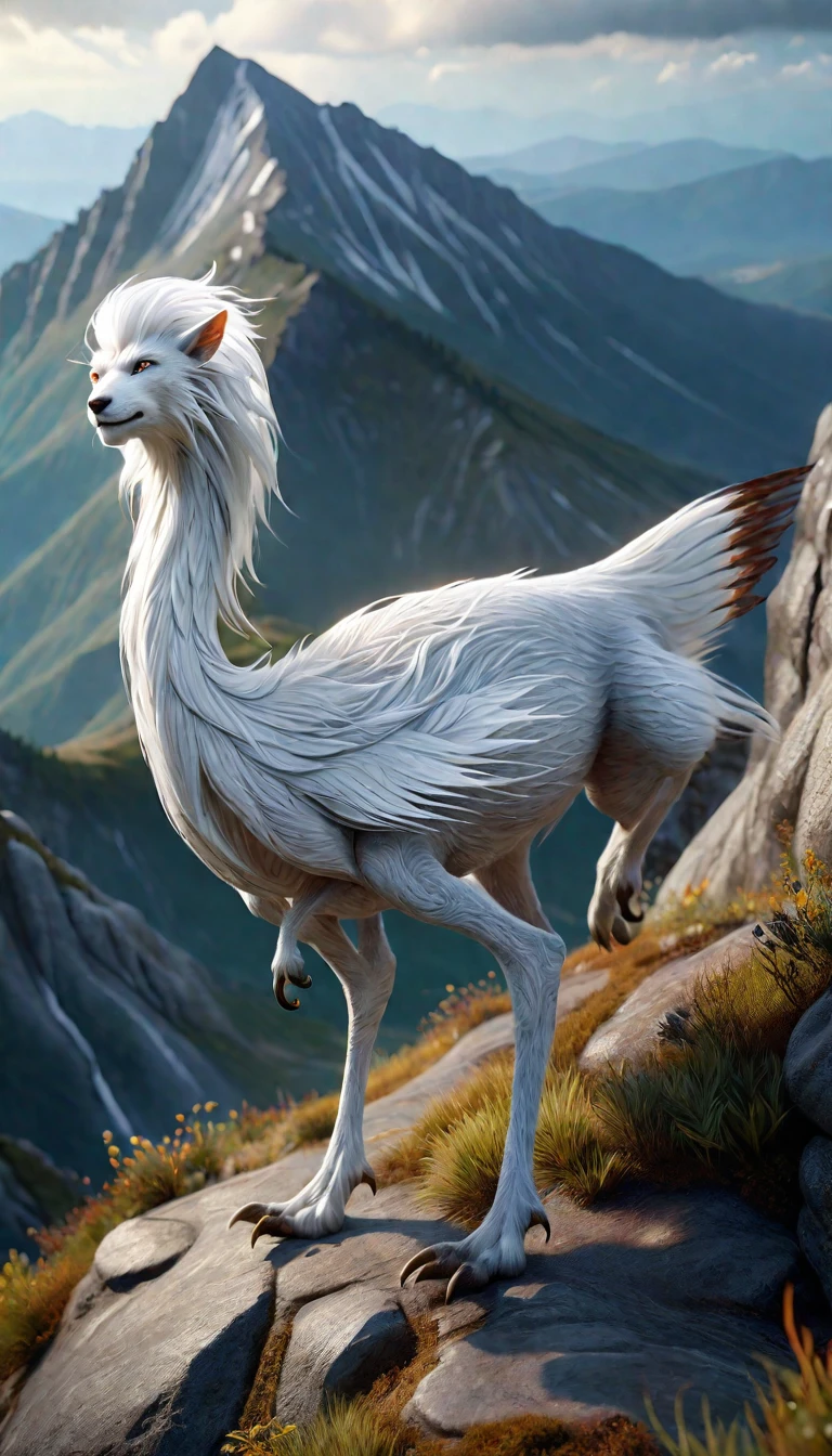There is a creature on the mountain,human face,White hair,three legs(best quality,4K,8k,High level,masterpiece:1.2),Ultra Detailed,(lifelike,Photo real,Photo real:1.37),Highly detailed animals,Complex patterns,Realistic lighting,Fantasy Creatures