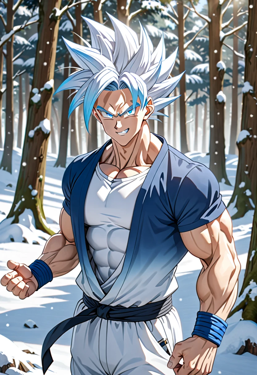 1 man, matured, slim but muscular, handsome, perfect white skin, tall, Saiyan like hair, silver blue ombre hair, Saiyan hairstyle, blue eyes, blue jacket, white t-shirt, white martial art pants, blue belt, snowy forest, looking at viewer, relaxed grin, 8k, masterpiece, ray tracing, (SuperQuality:1.0) ~ (SuperQuality:1.2), (negative_v2 Color_Balance_Calibration:0.8)