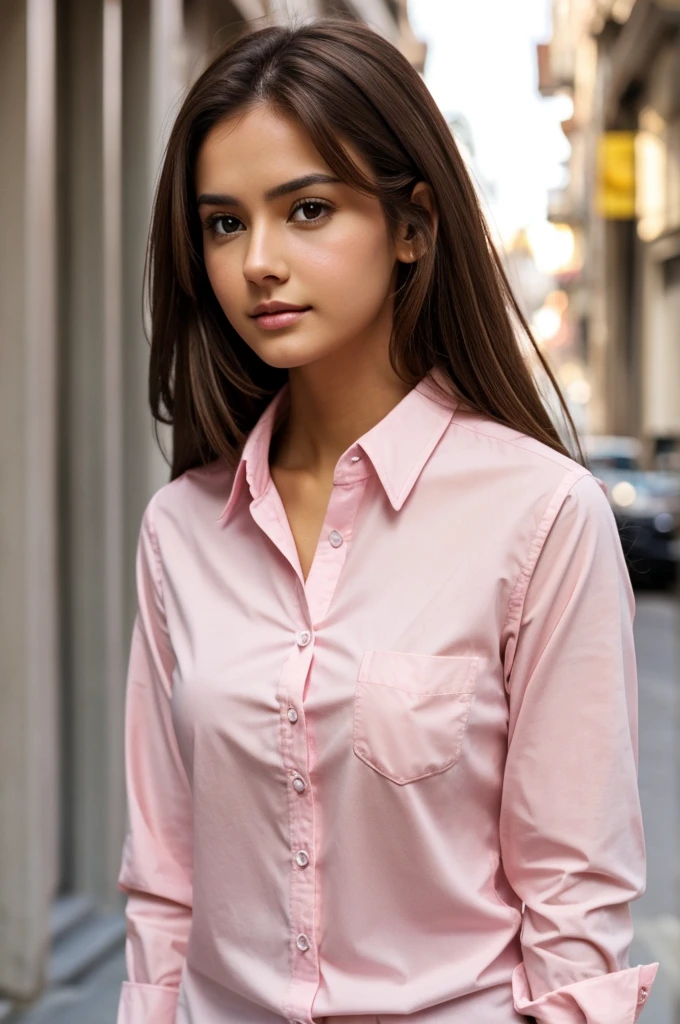 woman. Brown hair, brown eyes, white skin, wears a pink shirt.