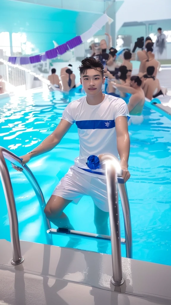 there is a man standing on a metal railing in a pool, in a swimming pool, candid picture, playing at swiming pool, candid photo, photo taken in 2 0 2 0, profile pic, next to a pool, with a cool pose, around 1 9 years , taken in the early 2020s, poolside, in a luxurious pool