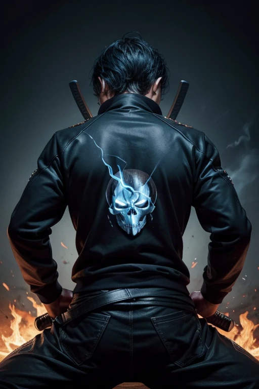 Ghost rider azul ,with a black sweatshirt and a black collar that covers up to his eyes with 2 katanas on his back