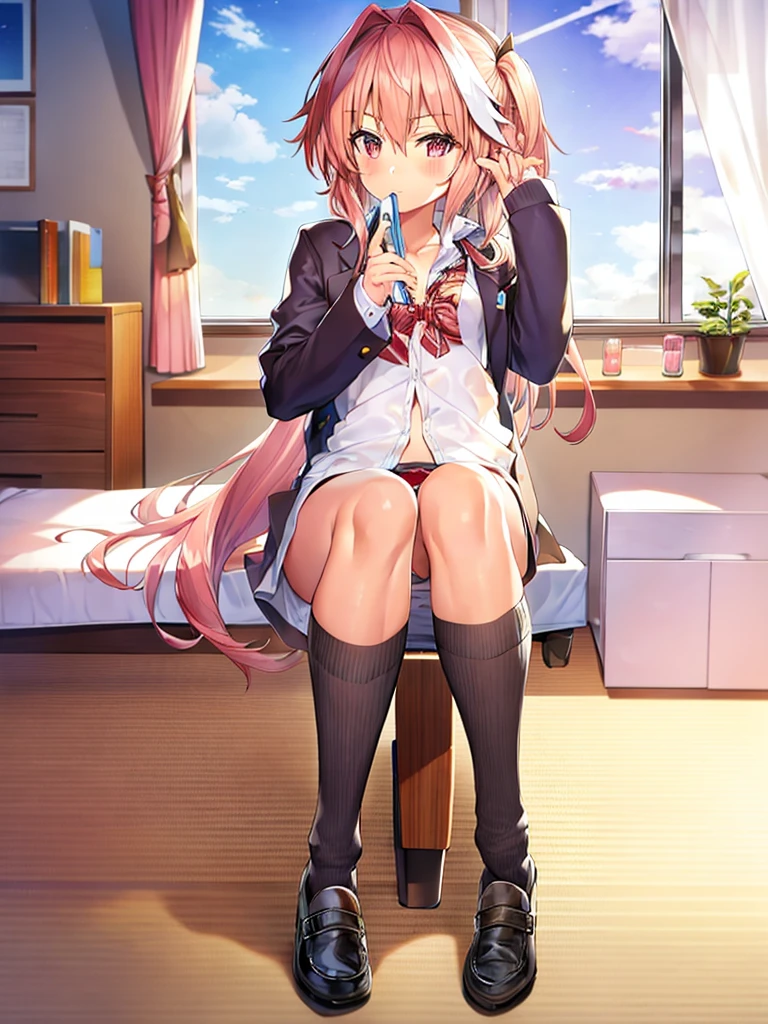 dk_astolfo, 1 boy, NSFW, bedroom, school outfit, dick