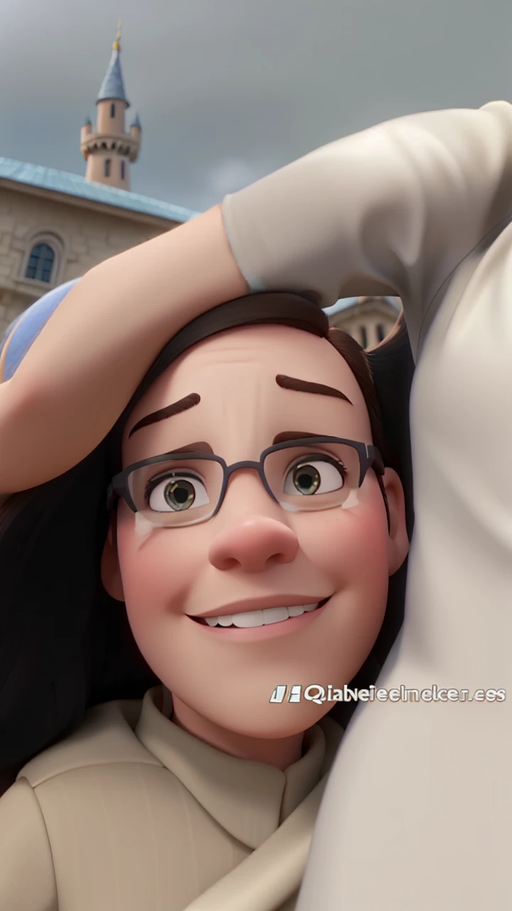 Um estilo Disney Pixar, Brunette woman next to a man with white skin and glasses with a castle tower behind, alta qualidade, melhor qualidade