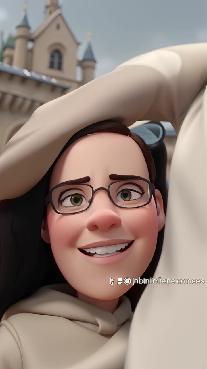 Um estilo Disney Pixar, Brunette woman next to a man with white skin and glasses with a castle tower behind, alta qualidade, melhor qualidade