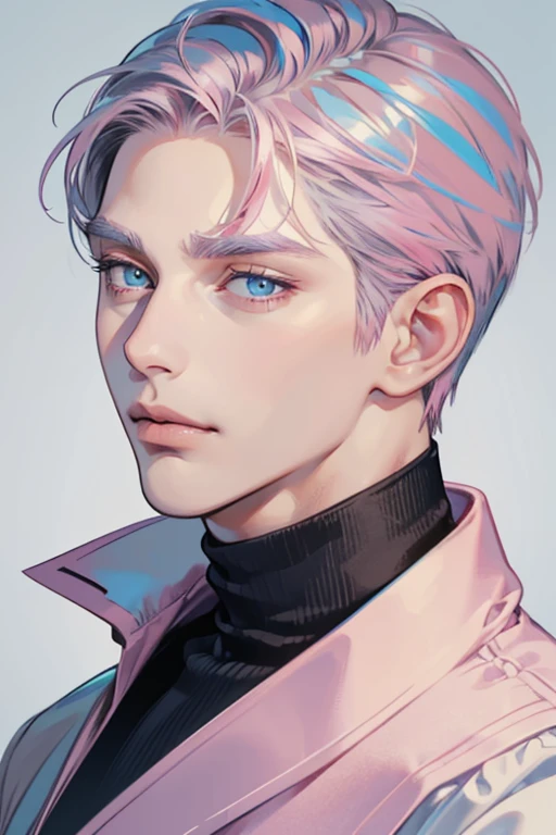 masterpiece, best quality, 1man, mature male, quiet and charming young man, 35 year old, closed mouth, portrait, extremely detailed face, closed mouth, lips nude ((blue carolina eyes)), ((short-gray pink hair)), [thick eyebrows], handsome, half body, with black Turtleneck shirt, look at camera, 