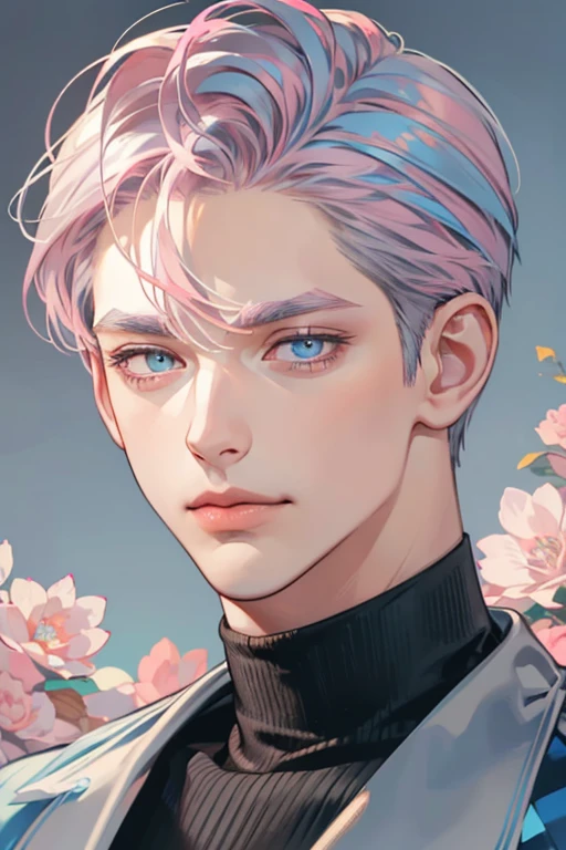 masterpiece, best quality, 1man, mature male, quiet and charming young man, 35 year old, closed mouth, portrait, extremely detailed face, closed mouth, lips nude ((blue carolina eyes)), ((short-gray pink hair)), [thick eyebrows], handsome, half body, with black Turtleneck shirt, look at camera, 