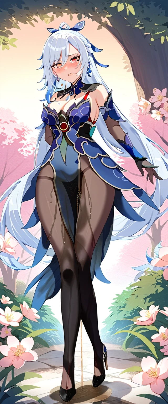 (masterpiece:1.37), best quality, (extremely detailed:1.37), (1girl:1.5), woman, (mature:1.5), (adult:1.5), jingliu, white hair, long hair, ponytail, hair ribbon, red eyes, earrings, jewelry, dress, pantyhose, (pelvic curtain:1.5), (extremely detailed eyes:1.37), (wetting self:2.0), desperation, (standing:1.5), embarrassed, humiliation, blushing, angry, cherry blossoms, garden, (golden hour:1.5), full body, (crossing legs:1.5)