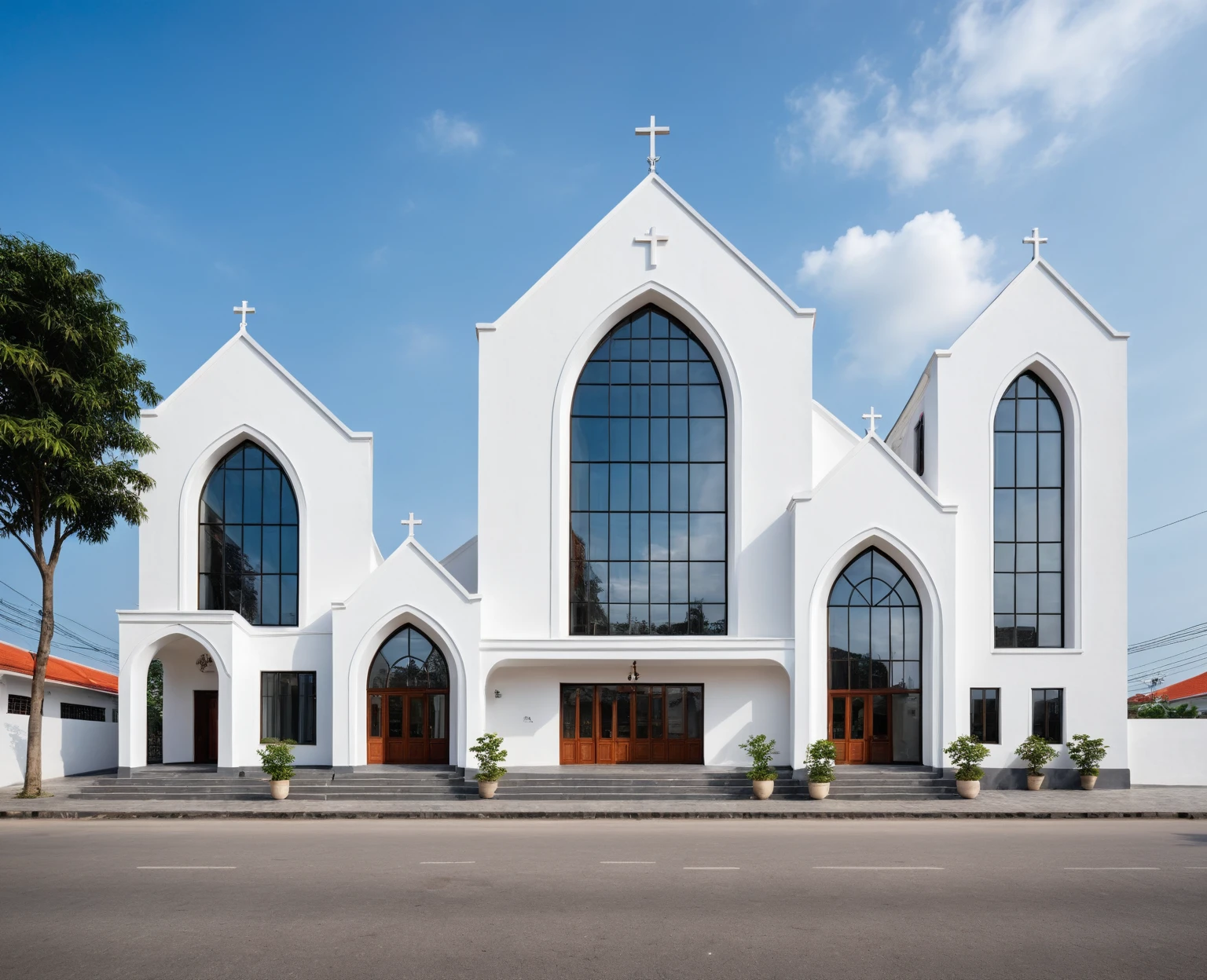 raw photo, best quality, ultra realistic, masterpiece, best quality skin, photography hd, dslr,
tcs, httlvn,a modern church on vietnamese street, building, 3 arched window in one building, white wall, cross, house, 
Daylight, 
Street view, 