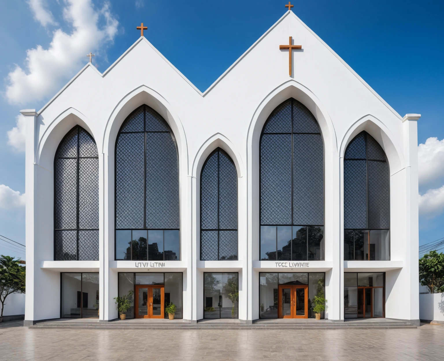 raw photo, best quality, ultra realistic, masterpiece, best quality skin, photography hd, dslr,
tcs, httlvn,a modern church on vietnamese street, building, 3 arched window in one building, white wall, cross, house, 
Daylight, 
Street view, 