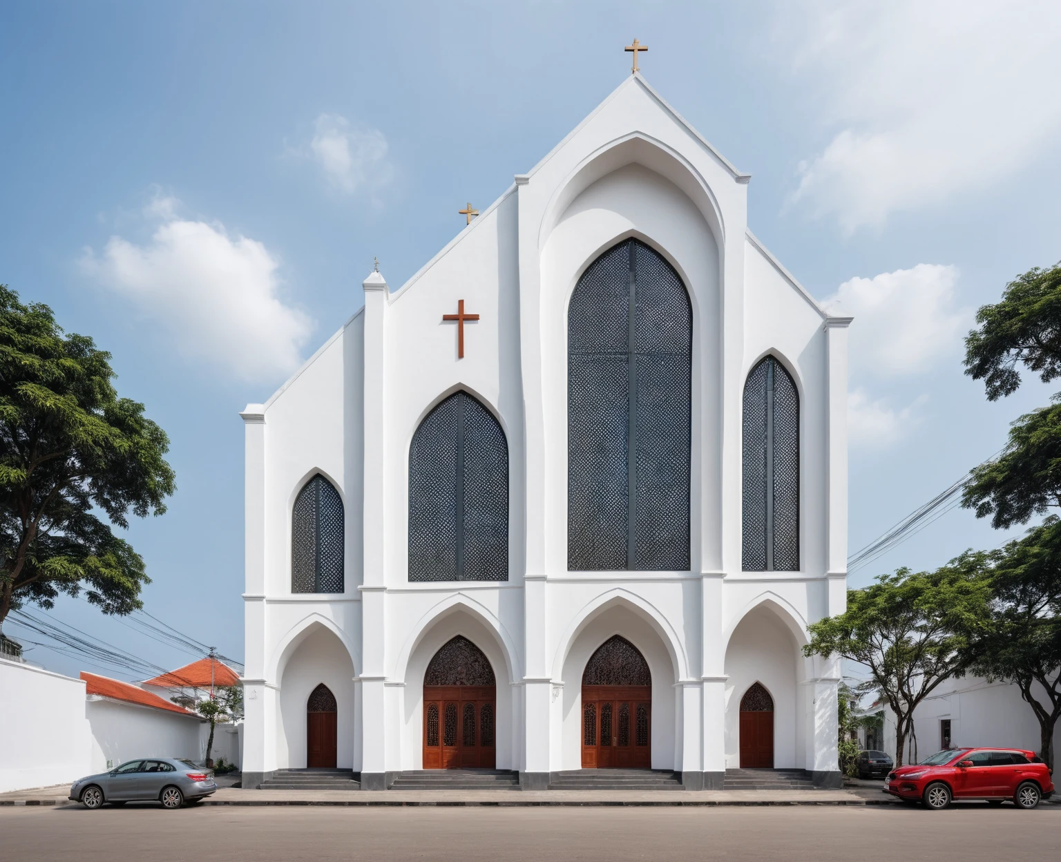 raw photo, best quality, ultra realistic, masterpiece, best quality skin, photography hd, dslr,
tcs, httlvn,a modern church on vietnamese street, building, 3 arched window in one building, white wall, cross, house, 
Daylight, 
Street view, 