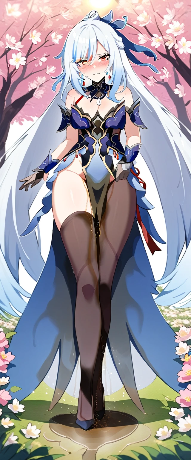 (masterpiece:1.37), best quality, (extremely detailed:1.37), (1girl:1.5), woman, (mature:1.5), (adult:1.5), jingliu, white hair, long hair, ponytail, hair ribbon, red eyes, earrings, jewelry, dress, pantyhose, (pelvic curtain:1.5), (extremely detailed eyes:1.37), (wetting self:2.0), desperation, (standing:1.5), embarrassed, humiliation, blushing, angry, cherry blossoms, garden, (golden hour:1.5), full body, (crossing legs:1.5)