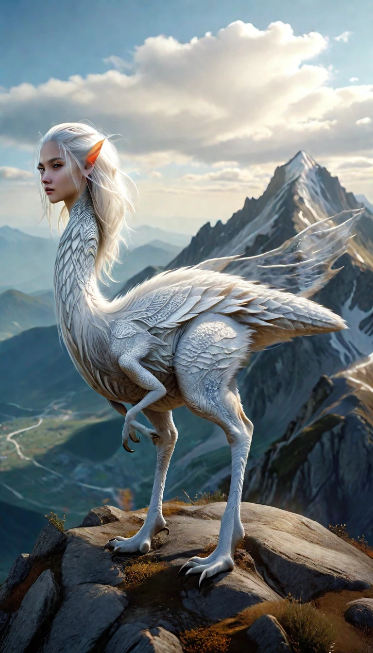 There is a creature on the mountain,human face,White hair,three legs(best quality,4K,8k,High level,masterpiece:1.2),Ultra Detailed,(lifelike,Photo real,Photo real:1.37),Highly detailed animals,Complex patterns,Realistic lighting,Fantasy Creatures