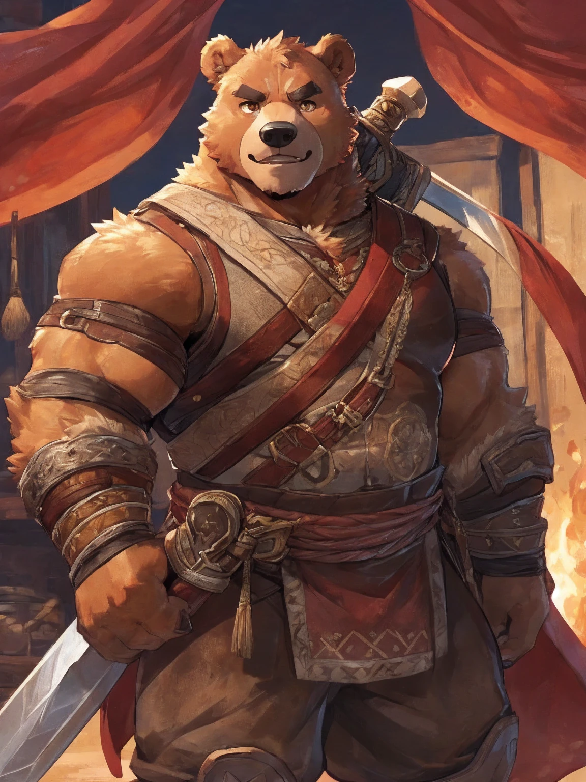 1. **type**：Bear 2. **gender**：Male 3. **appearance**：Brown fur，Golden Eyes，thick physique 4. **Clothing and Decoration**：((Wearing mercenary clothing))，Carrying a huge sword on his back， #### Scenography 1. **background**：日本style的山間寺廟，寺廟周圍有Cherry tree和Stone lanterns 2. **detail**：Sakura petals falling in the air，Mountain peaks are faintly visible in the distance #### Text content 1. **theme**：Glory and Protection 2. **intonation**：Solemn and inspiring 3. **Sentence Structure**：`&quot;Guard the Faith，&quot;Defend the Glory&quot;` #### 圖像style 1. **style**：Epic and traditional combined， 2. **tone**：Soft pinks combined with stately browns and golds，Highlighting the majesty of the samurai and the beauty of the cherry blossoms #### 其他detail 1. **Posture and expression**： - Bear站在寺廟前，Hold a greatsword，firm eyes，Show protection and determination 2. **background元素**： - 日本style的寺廟，Cherry tree，Stone lanterns，Falling cherry blossom petals，distant mountain peaks ### final design 1. **role conception** - **Bear**：Brown fur，Golden Eyes，thick physique。穿著Wearing mercenary clothing，Carrying a huge sword on his back，。 2. **Scenography** - **background**：日本style的山間寺廟，寺廟周圍有Cherry tree和Stone lanterns。Sakura petals falling in the air，Mountain peaks are faintly visible in the distance。 3. **Text content** - below or above the diagram，Written in a solemn and inspiring font：`&quot;Guard the Faith，&quot;Defend the Glory&quot;` ### Image design recommends that you use design software（Like Photoshop、Procreate等）To realize this picture。The following are specific step-by-step recommendations： 1. **background創建**：畫出日本style的山間寺廟background，包括Cherry tree、Stone lanterns、Falling cherry blossom petals和distant mountain peaks。 2. **character drawing**：根據描述繪製男性Bear角色，特別注意武士鎧甲和巨劍的detail。 3. **Posture and expression**：Bear站在寺廟前，Hold a greatsword，firm eyes，Show protection and determination。 4. **Add text**：Choose the right location，使用莊嚴和鼓舞的字體將Text content`&quot;Guard the Faith，&quot;Defend the Glory&quot;`Add to diagram。Sky Demon