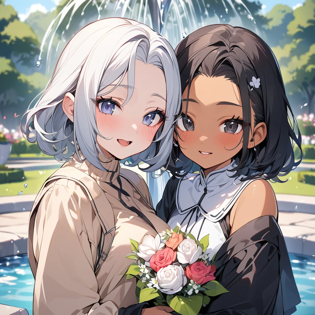 (anime style),masterpiece, best quality, extremely detailed,15Year old,tanned skin,dark skin, Beautiful body,middle breasts,BREAK,multicolored colorful black hair,short hair,hair slicked back,for head,BREAK,black eyes,best smile,open mouth,detailed lips,BREAK,cotton black big ribbon,BREAK,nun uniform,,break,head tilt,in the park,fountains,hug each other 2girl,having bouquet