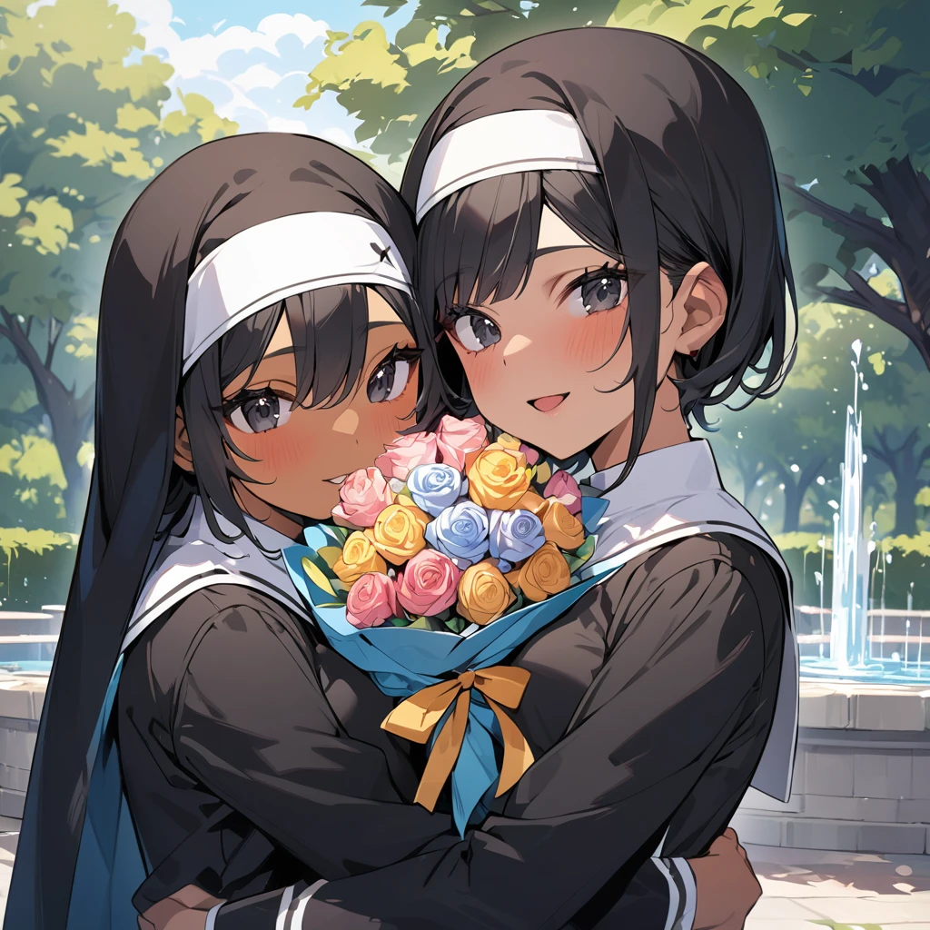 (anime style),masterpiece, best quality, extremely detailed,15Year old,tanned skin,dark skin, Beautiful body,middle breasts,BREAK,multicolored colorful black hair,short hair,hair slicked back,for head,BREAK,black eyes,best smile,open mouth,detailed lips,BREAK,cotton black big ribbon,BREAK,nun uniform,,break,head tilt,in the park,fountains,hug each other 2girl,having bouquet