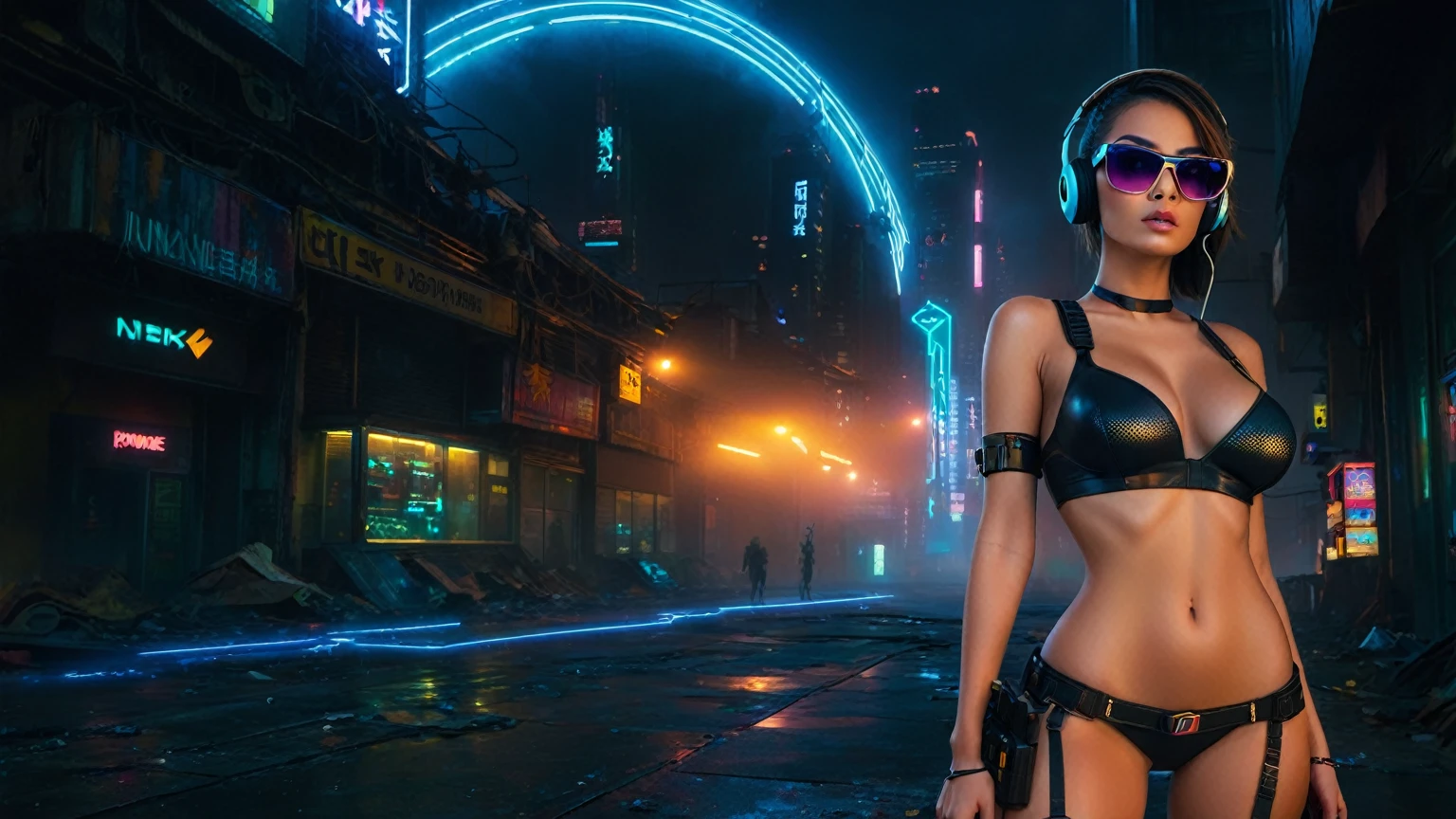 dark futuristic landscape, at night, neon lights, Atmospheric fog, large buildings in the background, futuristic city, streets with open shops, skyscraper (postapocalyptic city:1.3). (((1girl, solo, alone))), large-breast:1.2 slim body, cleavage:1.1, sexy miniskirt, (((headphone, black sunglasses, standing and holding pistol pose))), (((half-body thigh level medium shot))), cinematic lighting, lens flare, ray tracing.