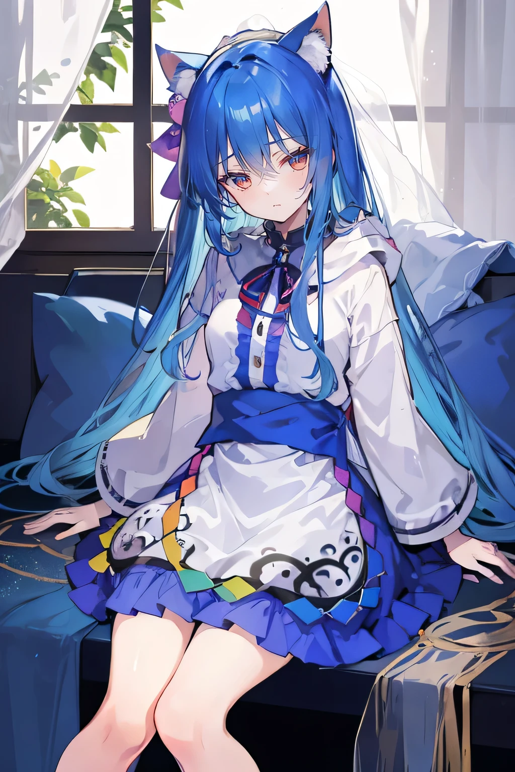 （masterpiece：1.2），Super detailed，lifelike，Expressive eyes，fair skin，perfect face shape，1 girl，
Japanese comics,Gorgeous blue hair,flowing blue hair,flowing clothes,Cat ears,Petals fall,beautiful lola,Baby Angel,
Shaking head with one hand，Cross your legs，Gentle and peaceful background，The pavilion is cool and comfortable,smile, wearing hoodie, In front of the window,snowing