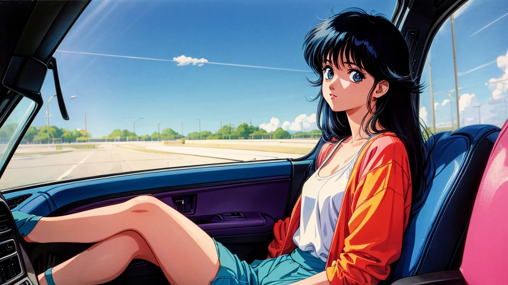 One Woman、sitting in the passenger seat of a car、８０Retro anime style of the 1980s、Vivid colors、Image of a woman from inside a car、Very cute woman、