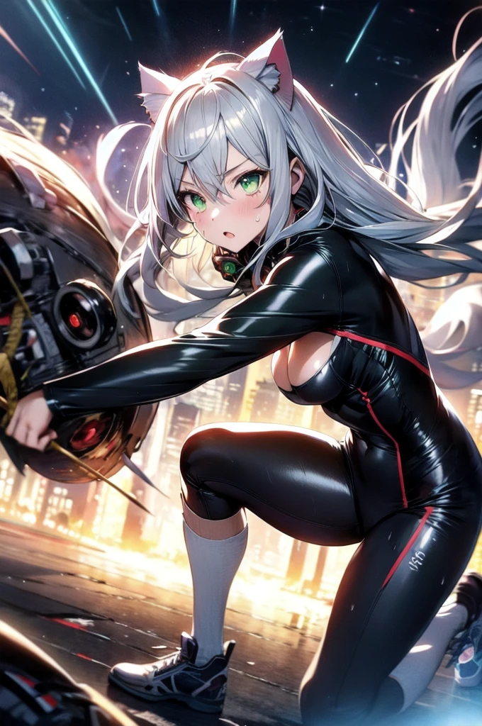 A silver-haired beautiful girl with cat ears eyes are green hair is silver and long clothes: a form-fitting black combat suit The fist is an afterimage The background is a city at night her is in a cat-like fighting pose The year is 14 years monitor, Dark Night, Sweat, Steam of Exhalation, Space, Battle, Dynamic Angle　one girl