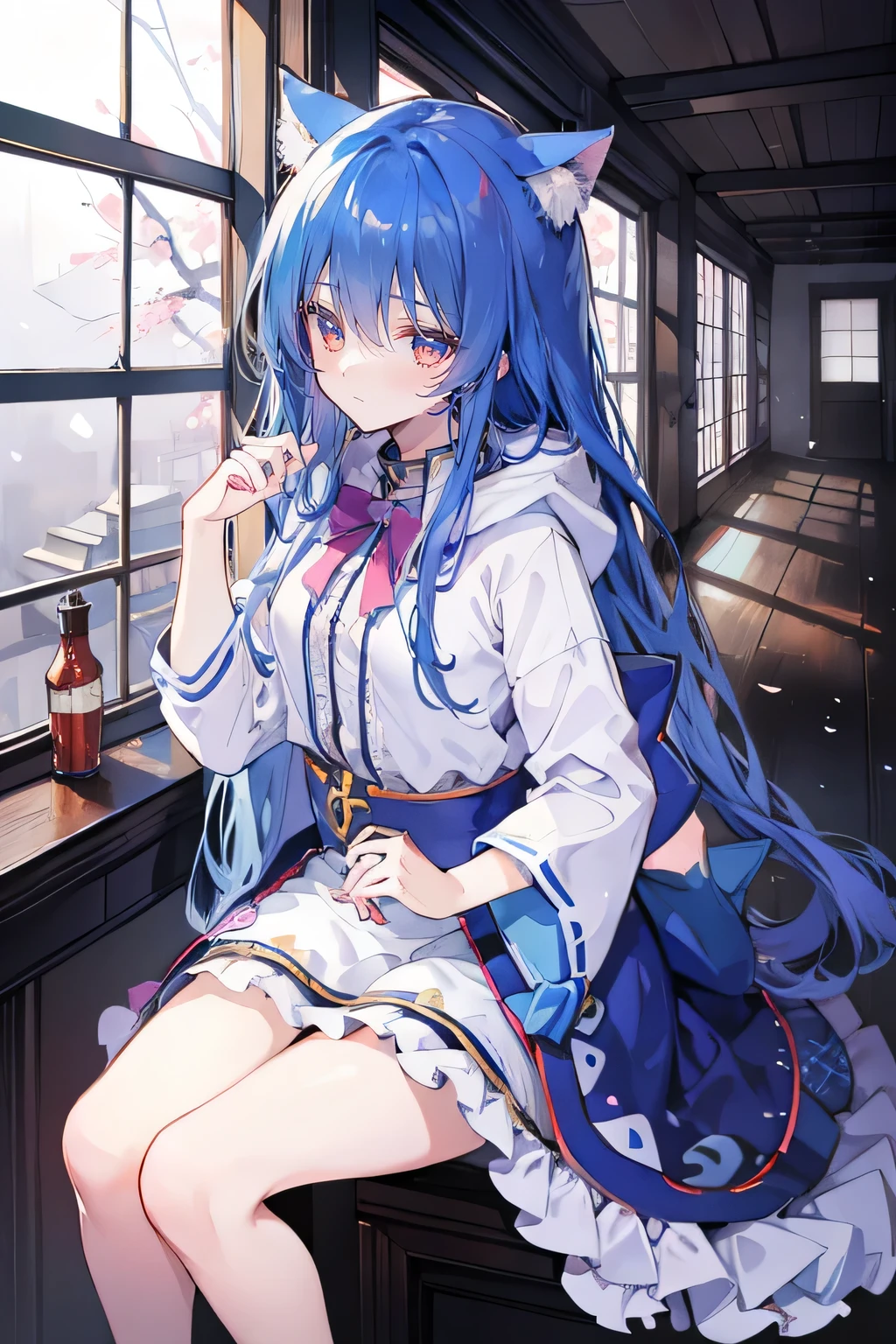 (masterpiece:1.2),Super detailed,lifelike,Expressive eyes,fair skin,perfect face shape,1 girl,
Japanese comics,Gorgeous blue hair,flowing blue hair,flowing clothes,Cat ears,Petals fall,beautiful lola,Baby Angel,
Shaking head with one hand,Cross your legs,Gentle and peaceful background,The pavilion is cool and comfortable,smile, wearing hoodie, In front of the window,snowing