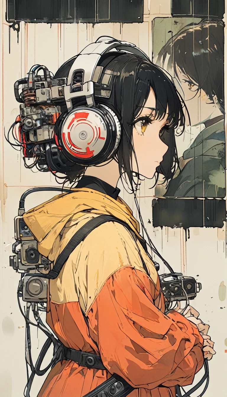 The Style of Kawanabe Kyosai、Black Hair、woman、Yellow hoodie、Black Hair、profile、Headphones、Shortcuts