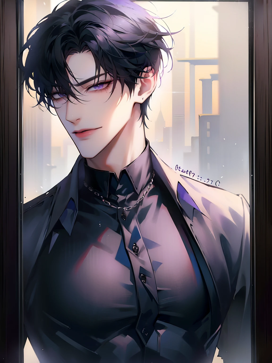 (masterpiece, 8k, high quality, best quality:1.6), 1boy, solo, short hair, black hair, asymmetrical fringe, purple eyes, handsome, sharp eyes, (mature male, mature:1.2), male focus, fashionable, tucked in open brown collared shirt, necklace, sunset, evening, close up, smile, long eyelashes, soft shadows, holding phone, phone selfie, mirror, perfect anatomy