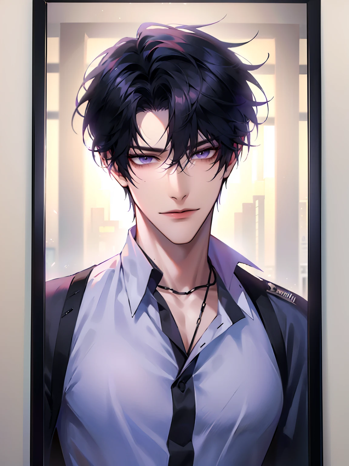 (masterpiece, 8k, high quality, best quality:1.6), 1boy, solo, short hair, black hair, asymmetrical fringe, purple eyes, handsome, sharp eyes, (mature male, mature:1.2), male focus, fashionable, tucked in open brown collared shirt, necklace, sunset, evening, close up, smile, long eyelashes, soft shadows, holding phone, phone selfie, mirror, perfect anatomy