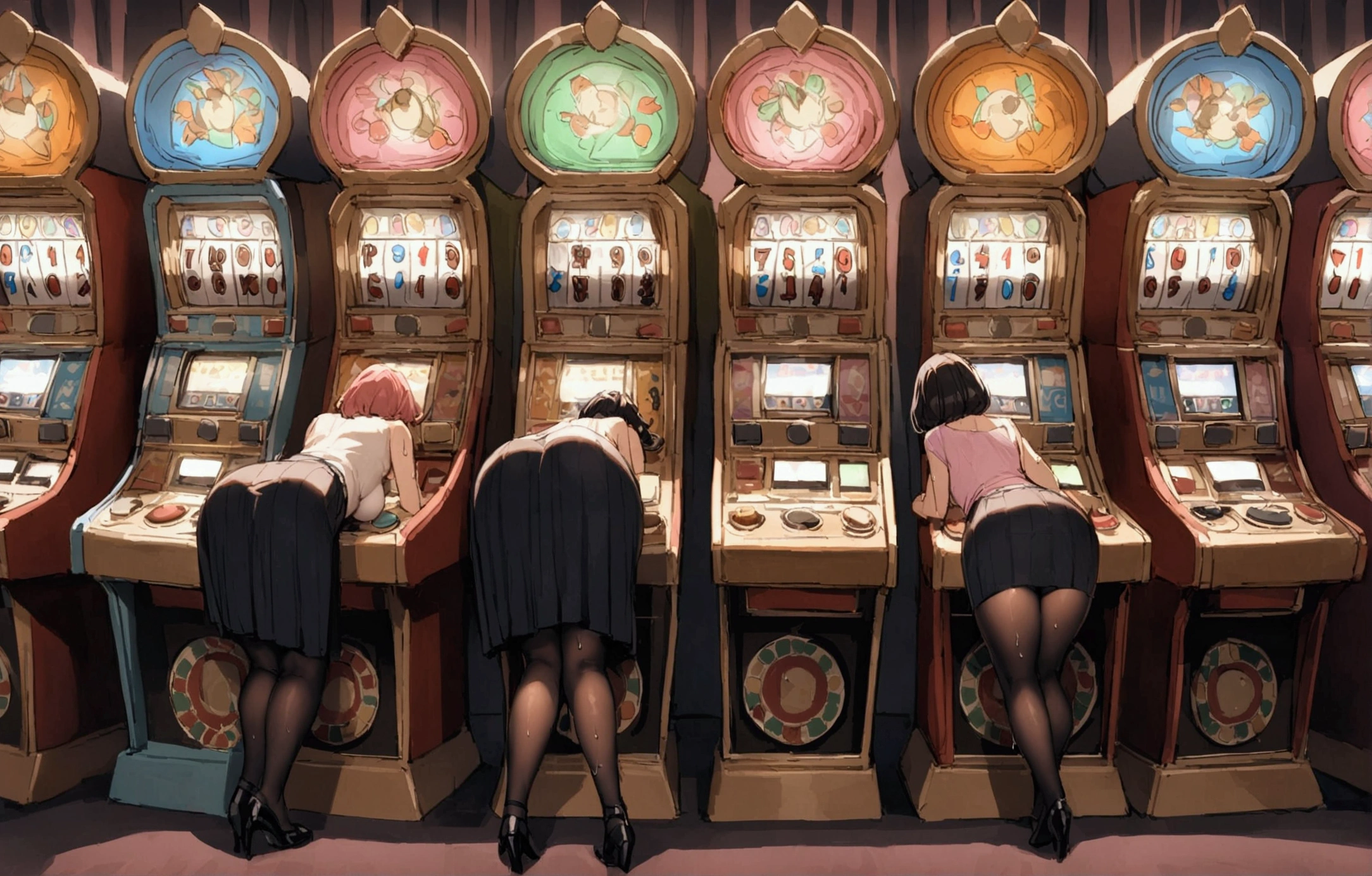 Three Women、Pachinko parlor、Playing slots、Sit on a chair、Place your hand on the slot lever、Play slots、Facing the slots、Hit the lever、Facing the slot machine、Large crowd、beautiful girl, Highest quality,  Black Pantyhose、Short tight skirt、panties under pantyhose、Thick thighs、Big 、Big Ass、Short Hair、Sweaty body、Sweaty crotch、Orgasmic face、Dirty sound effects、Ecstasy in a flashy way、目の前にLarge crowd、A ton of slot machines、Slot King Pulsar、Standing back