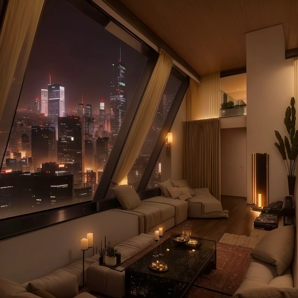 Panoramic view of the living room,Large windows overlooking the city, Relaxation time. Nice scenery, Luxurious environment, Comfortable place, Comfortable atmosphere, Luxury Apartment, bladerunner apartment, Cyberpunk bedroom at night, comfortable environment, Comfortable room, comfortable environment, Comfortable atmosphere, rooftop romantic, City Apartments, Comfortable and calm, Beautiful view, Epic views, beautiful scenery