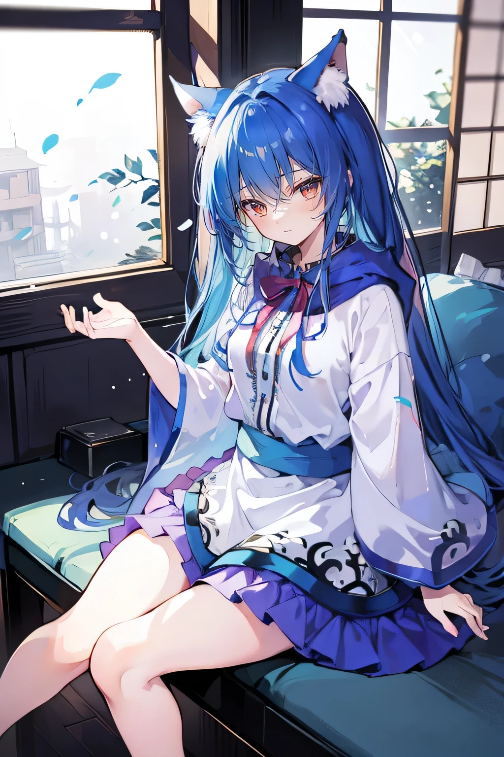 (masterpiece:1.2),Super detailed,lifelike,Expressive eyes,fair skin,perfect face shape,1 girl,
Japanese comics,Gorgeous blue hair,flowing blue hair,flowing clothes,Cat ears,Petals fall,beautiful lola,Baby Angel,
Shaking head with one hand,Cross your legs,Gentle and peaceful background,The pavilion is cool and comfortable,smile, wearing hoodie, In front of the window,snowing